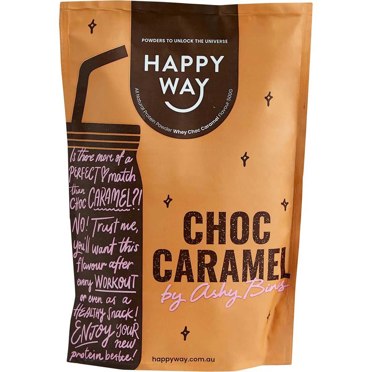 Happy Way Ashy Bines Whey Protein Powder 500g, Choc Caramel Flavour