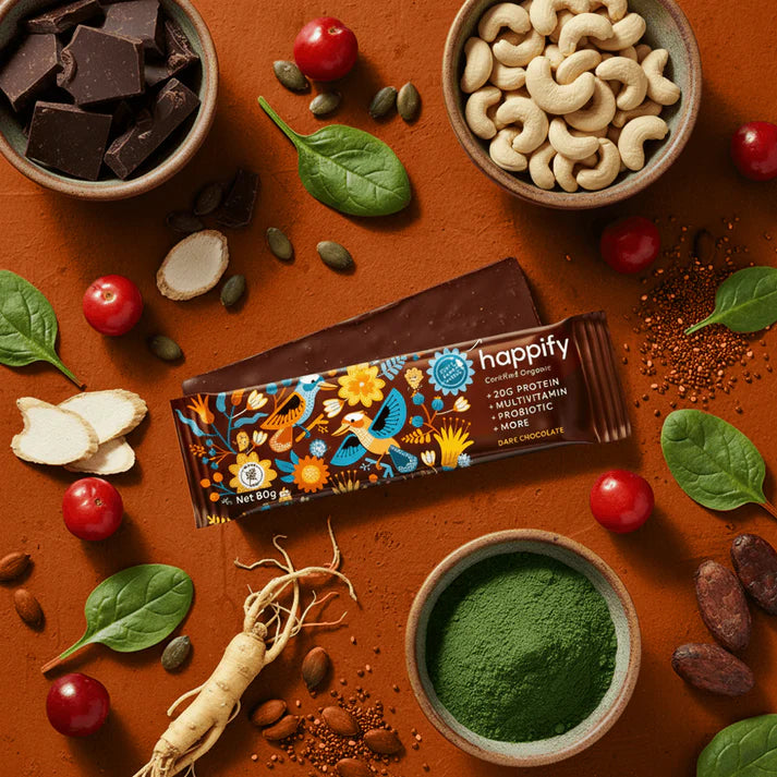 Happify Certified Organic Nutritional Protein Bar 80g, Dark Chocolate Flavour