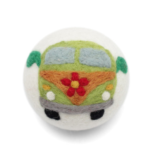 Eco Max Hand Felted Wool Dryer Ball, Green kombi Bus Design; Reduces Drying Time BY 25%