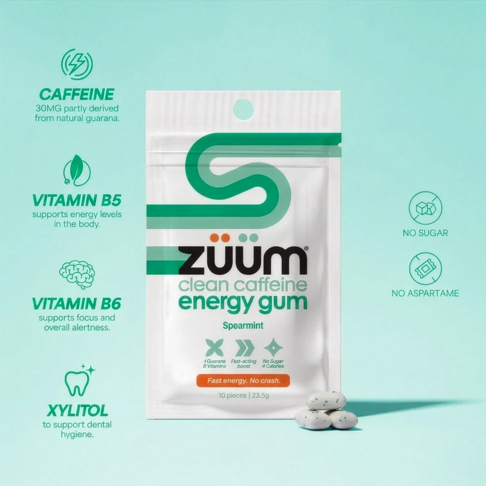 Zuum Clean Caffeine Energy Gum 10 Pieces 23.5g Or A Carton Of 16, Spearmint Flavour