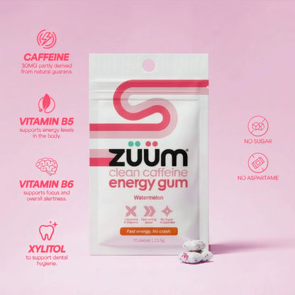 Zuum Clean Caffeine Energy Gum 10 Pieces 23.5g Or A Carton Of 16, Watermelon Flavour