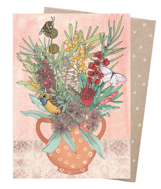 Earth Greetings Emu Wren Vase Card, Victoria McGrane Collection (Includes One Card & One Kraft Envelope)