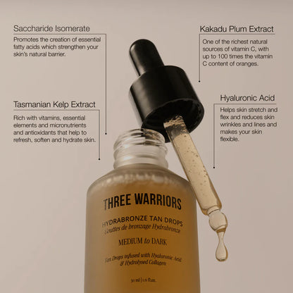 Three Warriors Hydrabronze Light to Medium Tanning Drops 30mL, Supercharge Your Skin