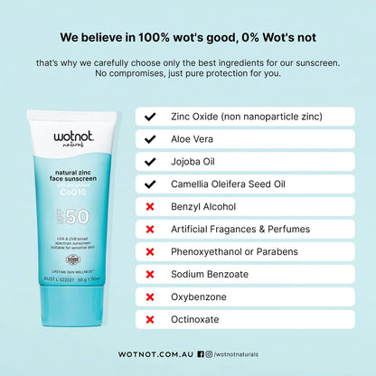 Wotnot Naturals Natural Zinc Face Sunscreen With Antioxidant CoQ10 50g, UVA & UVB Broad Spectrum