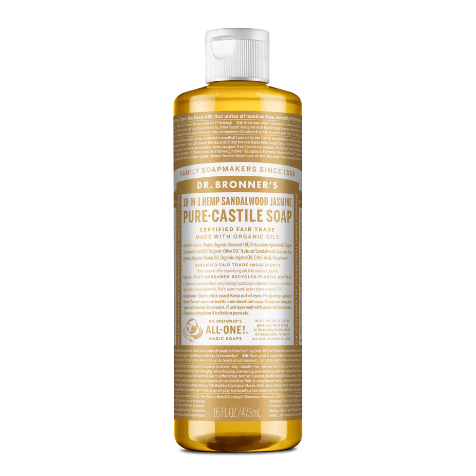 Dr Bronner's Organic 18-in-One Hemp Pure Castile Liquid Soap 59ml, 237ml, 473ml Or 946ml, Sandalwood Jasmine Fragrance
