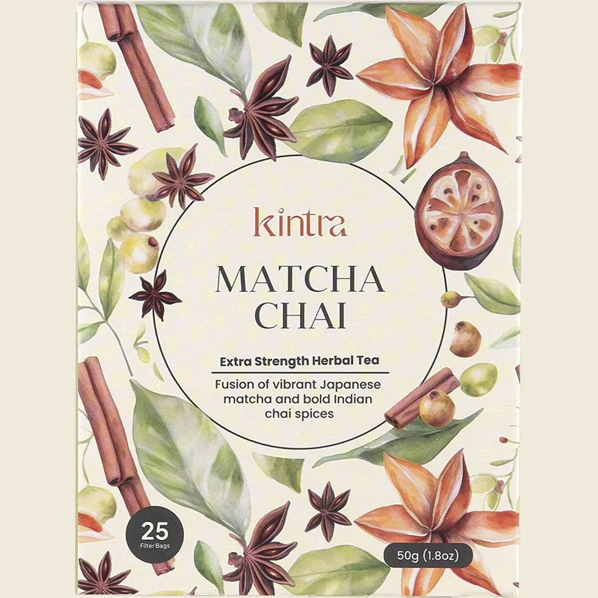 Kintra Matcha Chai Tea Blend Tea Bags 25pk, Spiced Antioxidant Green Tea Fusion