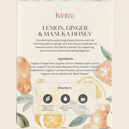 Kintra Herbal Tea Lemon, Ginger & Manuka Honey 25 Tea Bags, Comforting Citrus Soothe