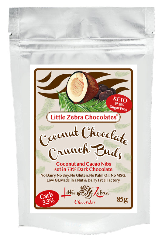 Little Zebra Chocolates Dark Chocolate Coconut Crunch Buds 85g, 73% Dark Chocolate