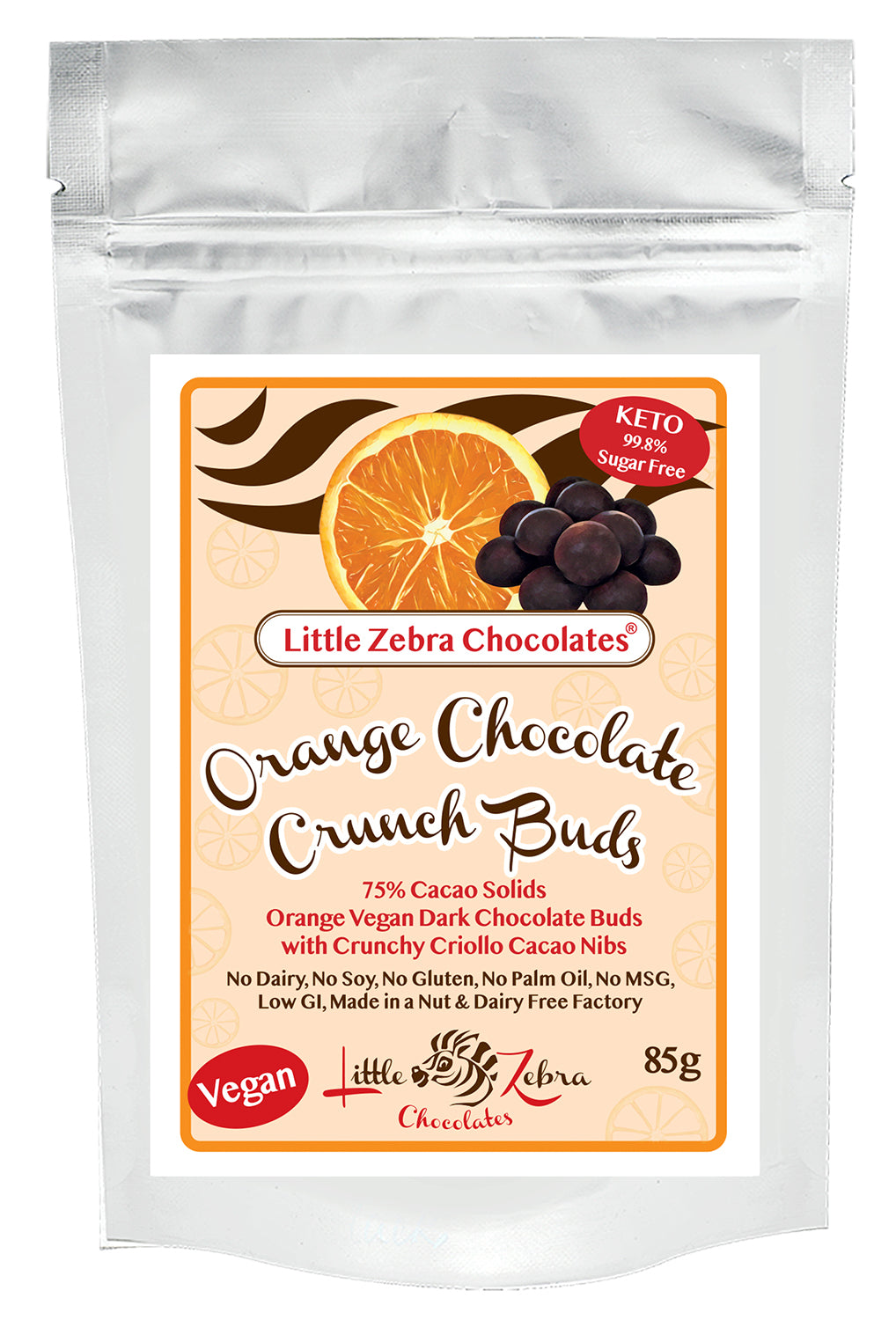 Little Zebra Chocolates Dark Chocolate Orange Crunch Buds 85g,  Sweetened With Xylitol