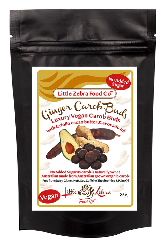 Little Zebra Chocolates Ginger Carob Buds 85g, A Healthy Snack On The Go