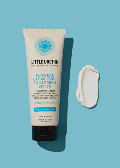 Little Urchin Natural Clear Zinc Sunscreen SPF 30+ 100g, 2 Hours Water Resistant  & Fragrance Free