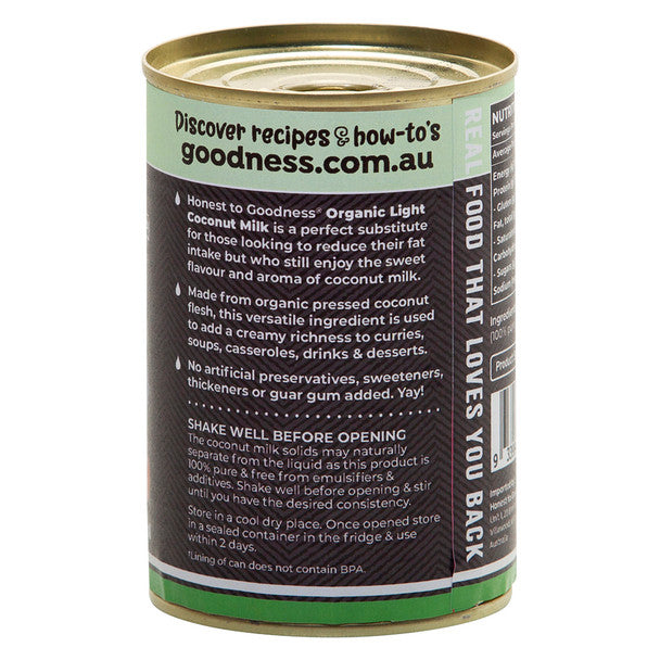 Honest To Goodness Certified Organic Organic Light Coconut Milk 400mL, No Added Thickeners