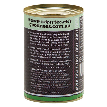 Honest To Goodness Certified Organic Organic Light Coconut Milk 400mL, No Added Thickeners