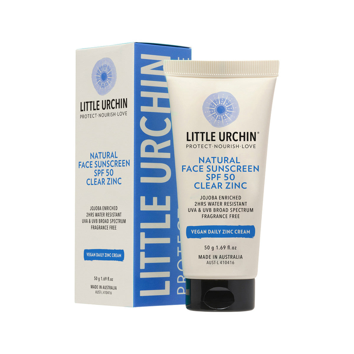 Little Urchin Natural Clear Zinc Face Sunscreen SPF 50+ 50g, 2 Hours Water Resistant  & Fragrance Free
