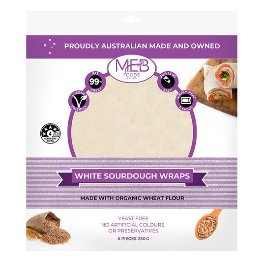MEB Foods White Sourdough Wraps (6 Wraps), Australian Certified Organic & Yeast Free