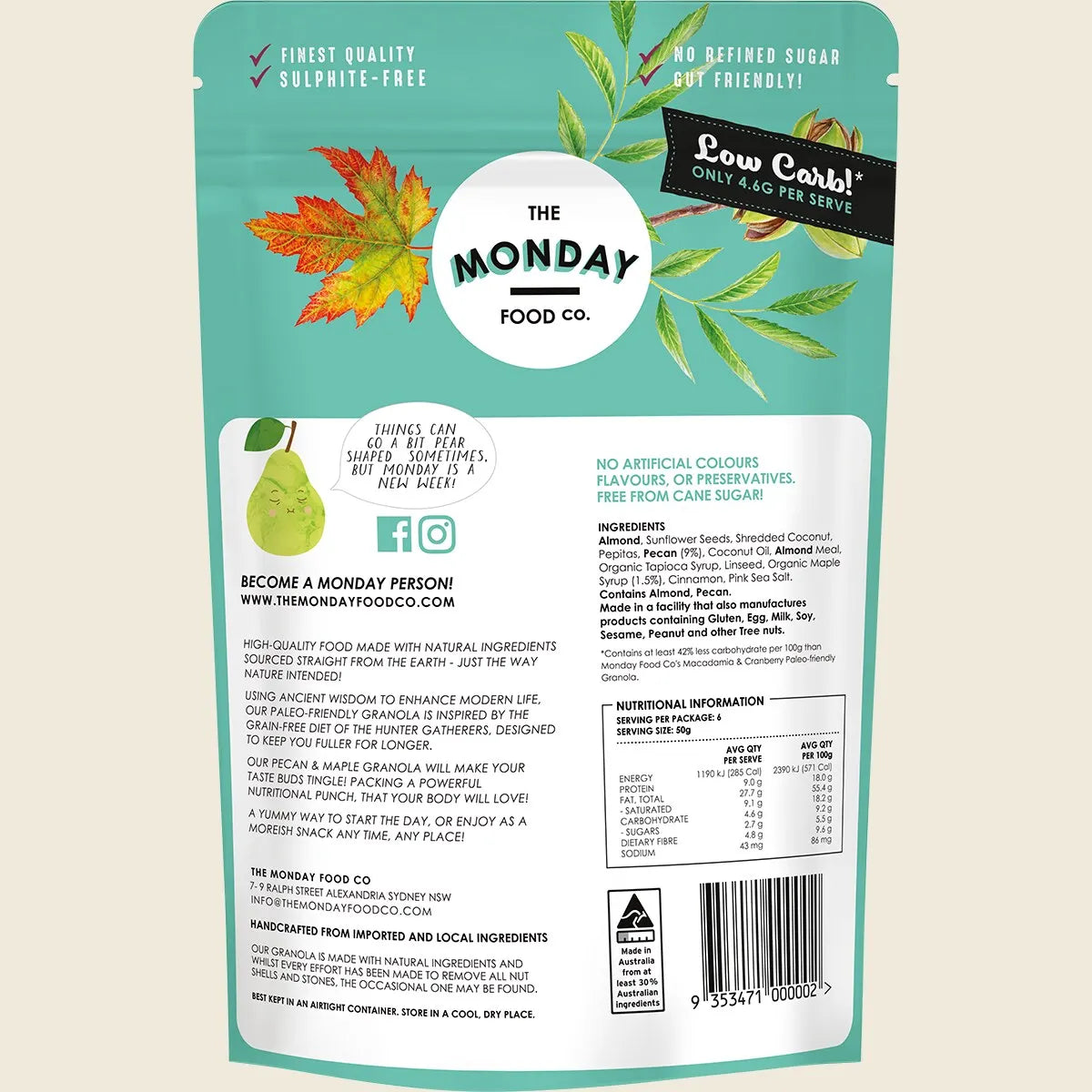 The Monday Food Co. Paleo Friendly Pecan & Maple Gourmet Granola 300g, Low Carb