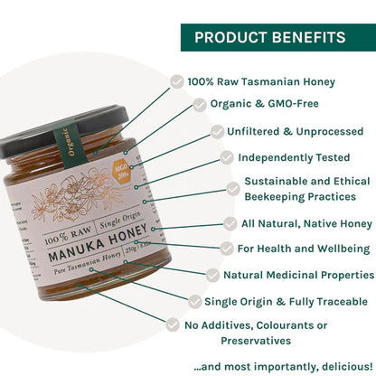 Zea Gourmet 100% Raw Manuka Honey MGO 100+ 250g, Single Origin Pure Tasmanian Honey (Glass Jar)