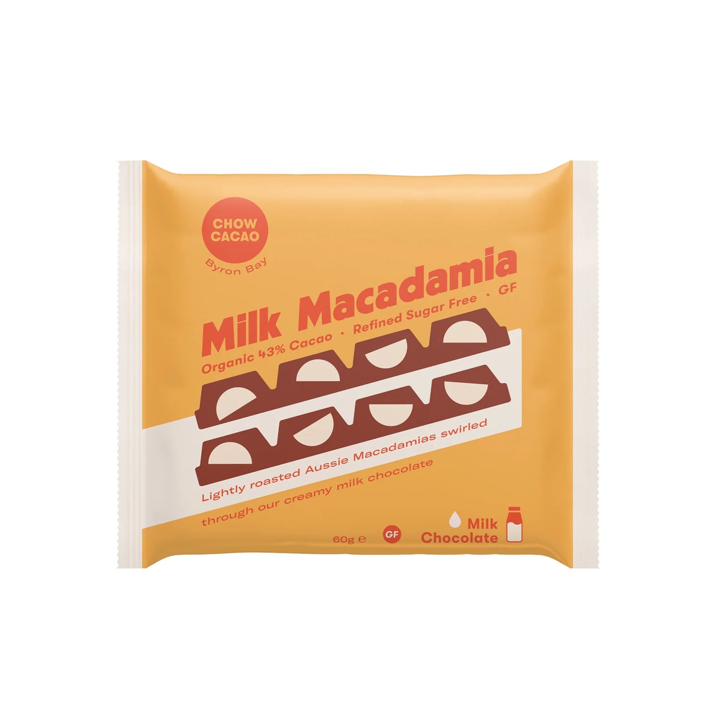 Chow Cacao Milk Macadamia Chocolate Block 60g, With Organic Cacao