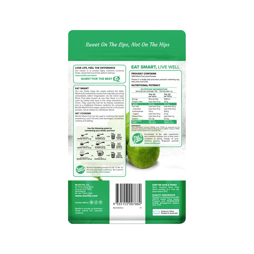 Morlife Certified Organic Monk Fruit 100g, Keto & Gluten-Free