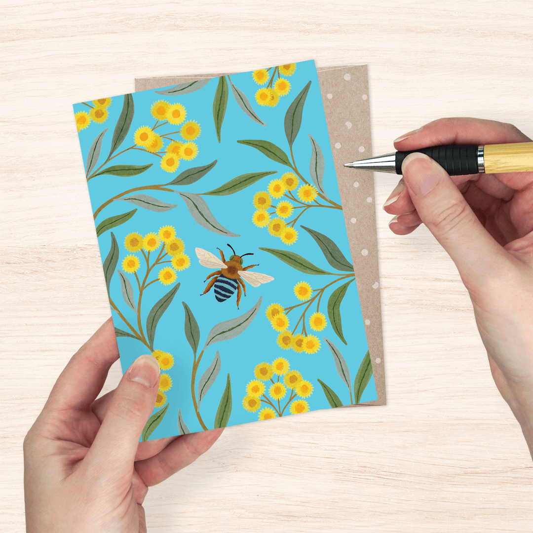 Earth Greetings Wattle & Bee Card, Negin Maddock Collection (Includes One Card & One Kraft Envelope)