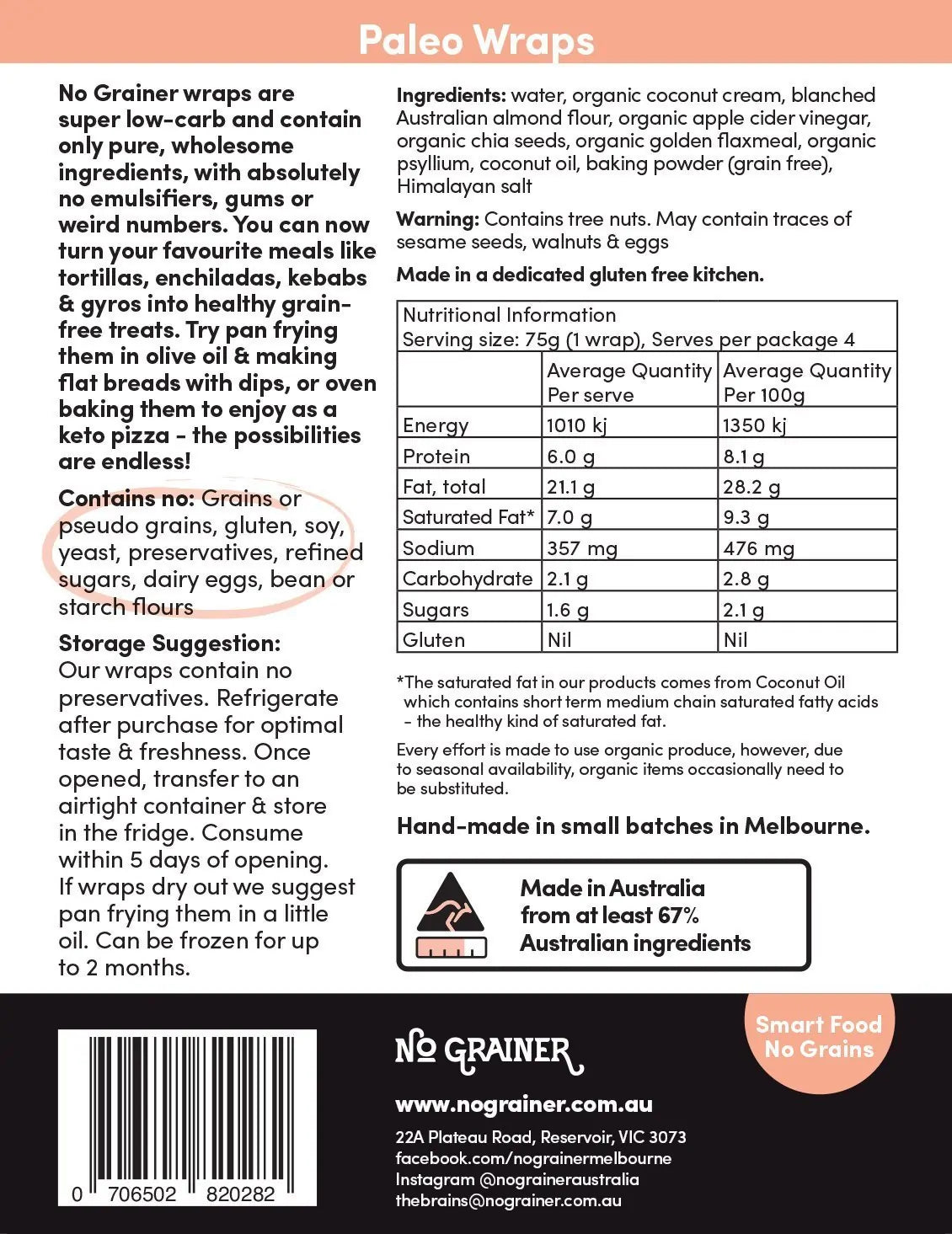 No Grainer Paleo Wraps 400g, Vegan, Gluten-Free & Grain Free Contains 4 Wraps