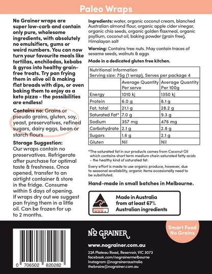 No Grainer Paleo Wraps 400g, Vegan, Gluten-Free & Grain Free Contains 4 Wraps