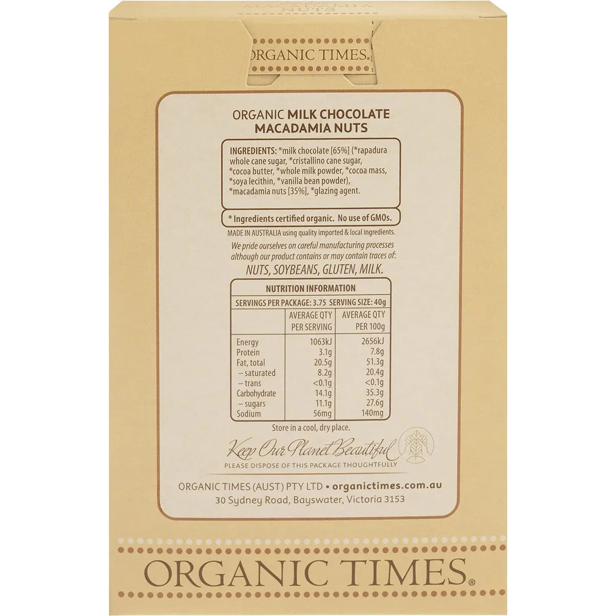 Organic Times Milk Chocolate Coated Macadamia Nuts 150g, Certified Organic