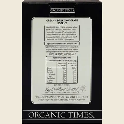 Organic Times Certified Organic Dark Chocolate Licorice 150g, Australian-Made!