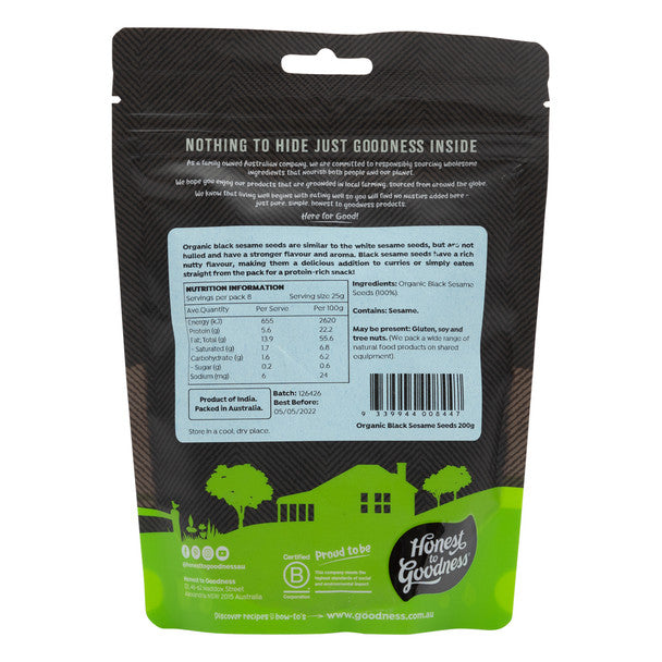 Honest To Goodness Black Sesame Seeds 200g, Australian Certified Organic