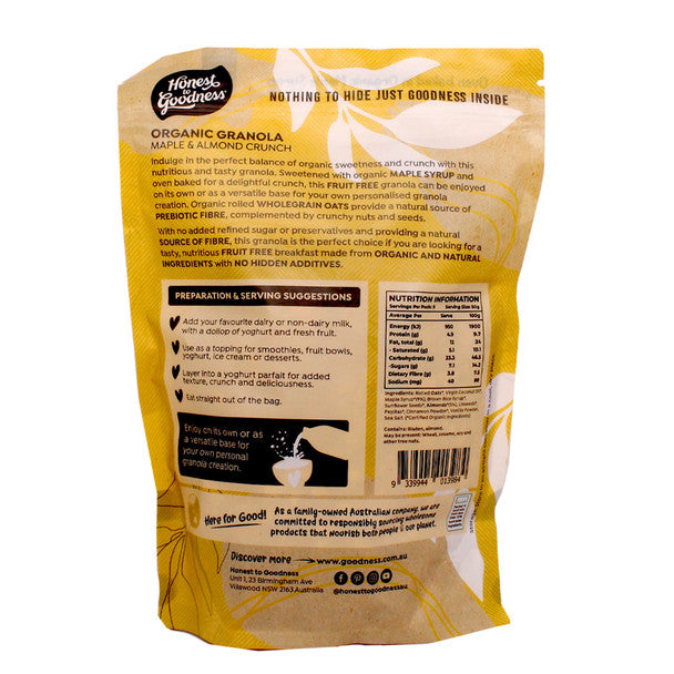 Honest To Goodness Organic Granola Maple & Almond Crunch 450g, Oven Baked With Prebiotic Fibre