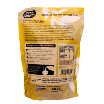 Honest To Goodness Organic Granola Maple & Almond Crunch 450g, Oven Baked With Prebiotic Fibre