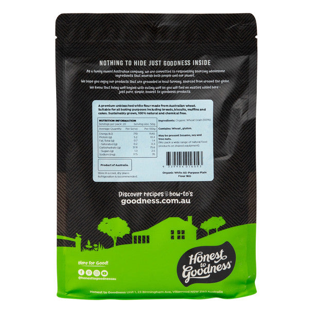 Honest To Goodness White All-Purpose Plain Flour 1kg, Unbleached & Chemical Free