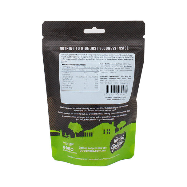 Honest To Goodness Organic Gochugaru Chilli & Lime Macadamias 200g, A Perfect & Healthy Snack