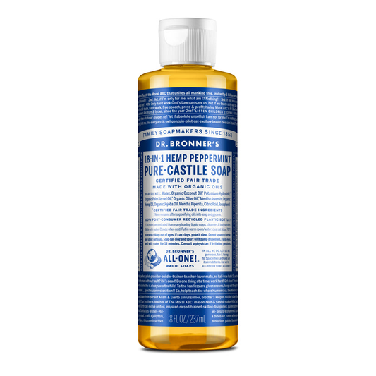 Dr Bronner's 18-in-One Hemp Pure Castile Liquid Soap 59ml, 237ml, 473ml 946ml Or 1.8L, Peppermint Fragrance