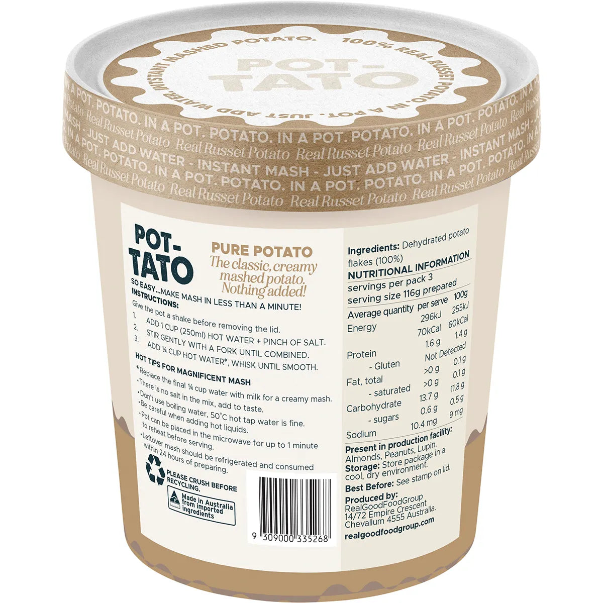 Plantasy Foods Instant Mashed POT-TATO 50g, Pure Flavour Just Add Water