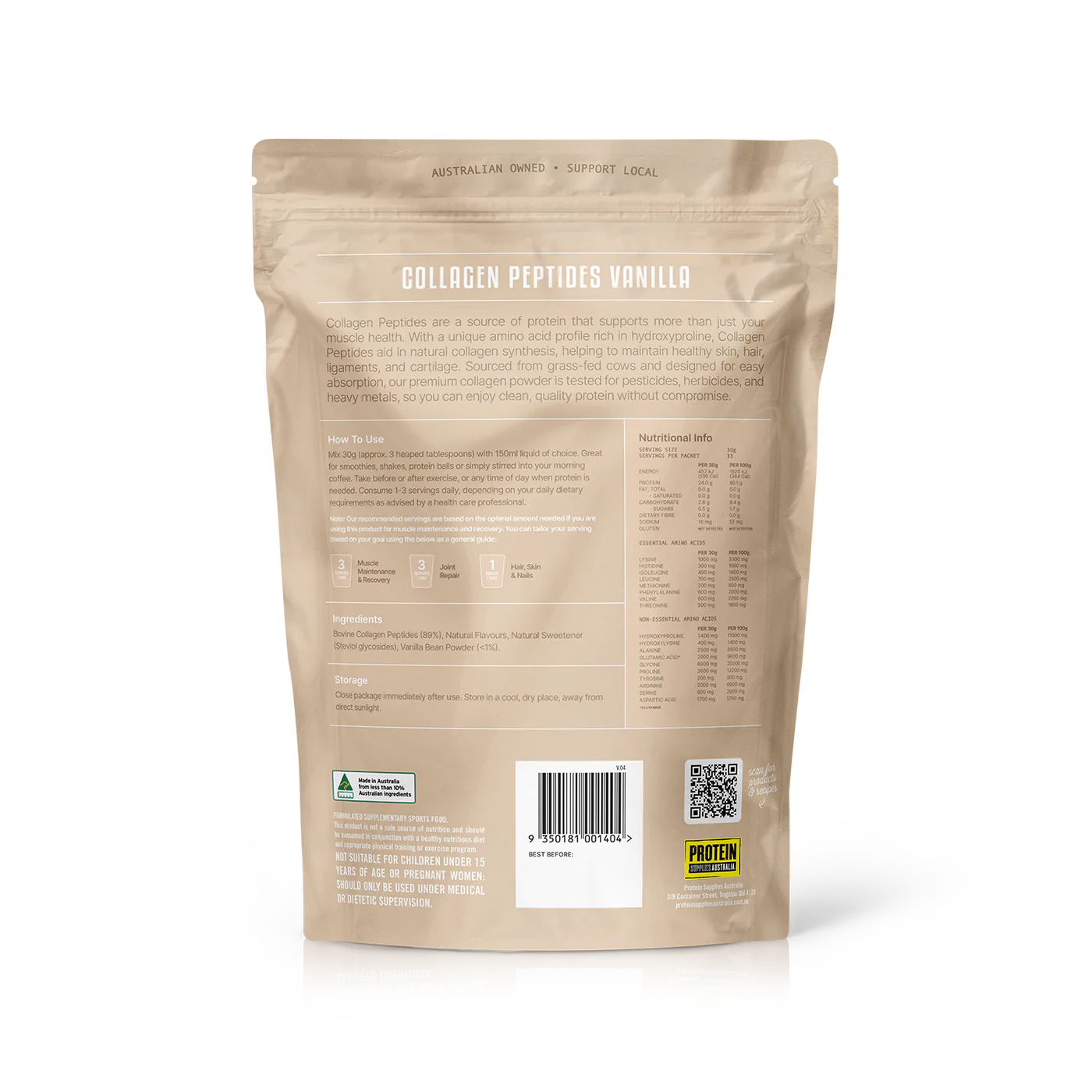 Protein Supplies Australia Grass Fed Collagen Peptides 500g Or 1Kg, Vanilla Flavour