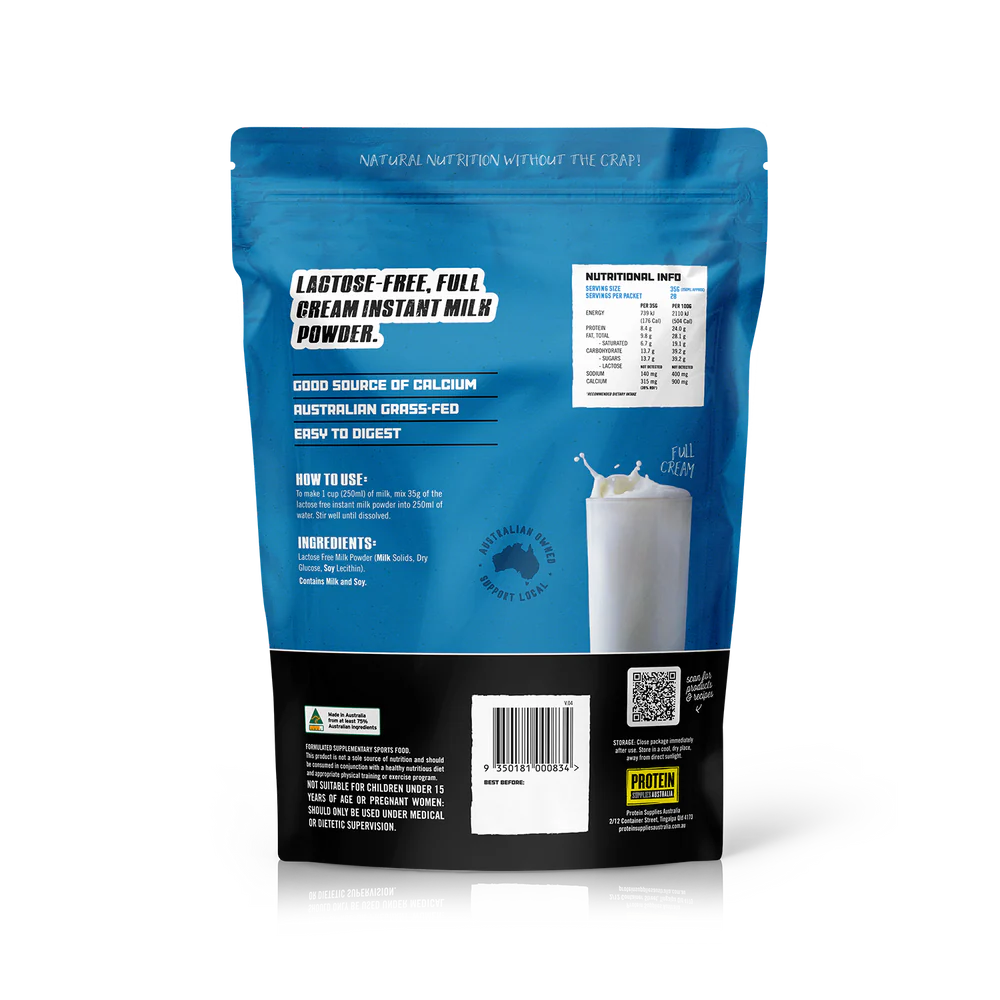 Protein Supplies Australia Lactose-Free Instant Milk Powder 1kg, Made Using Australian Milk