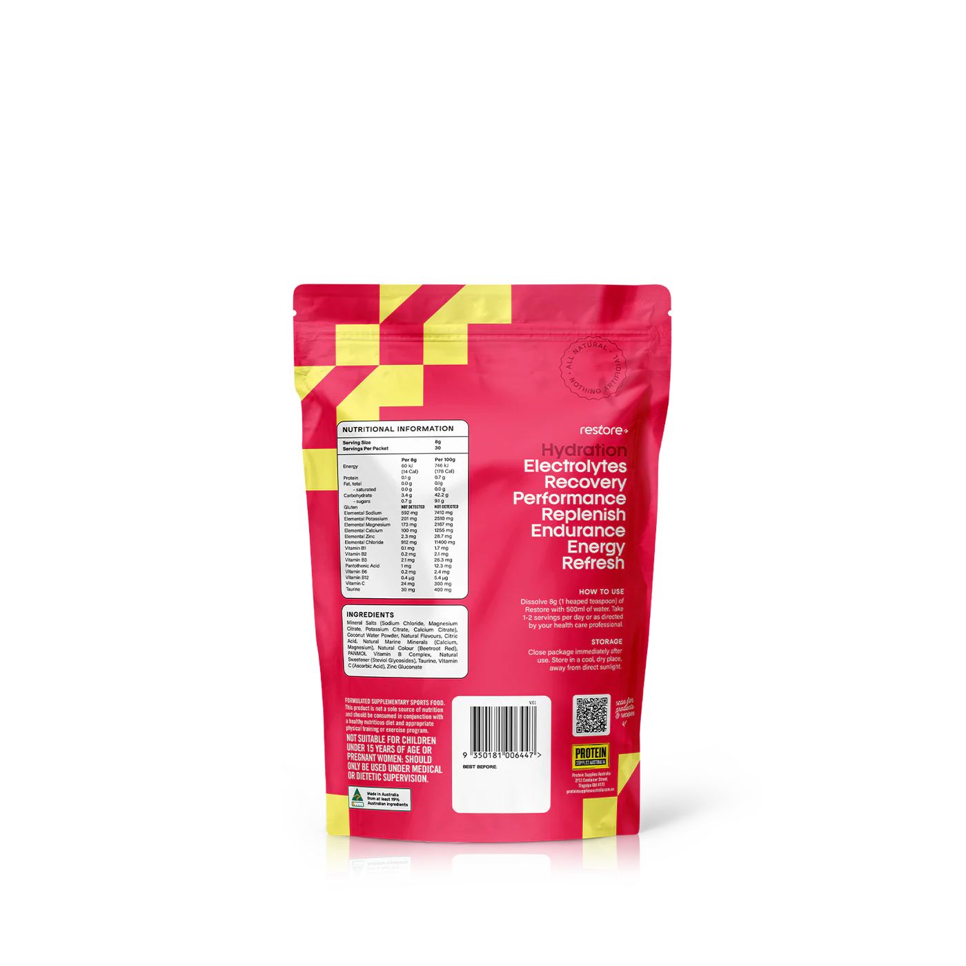 Protein Supplies Australia Restore Hydrating Electrolyte Drink Mix Raspberry Lemonade 240g, Rehydrate & Recover