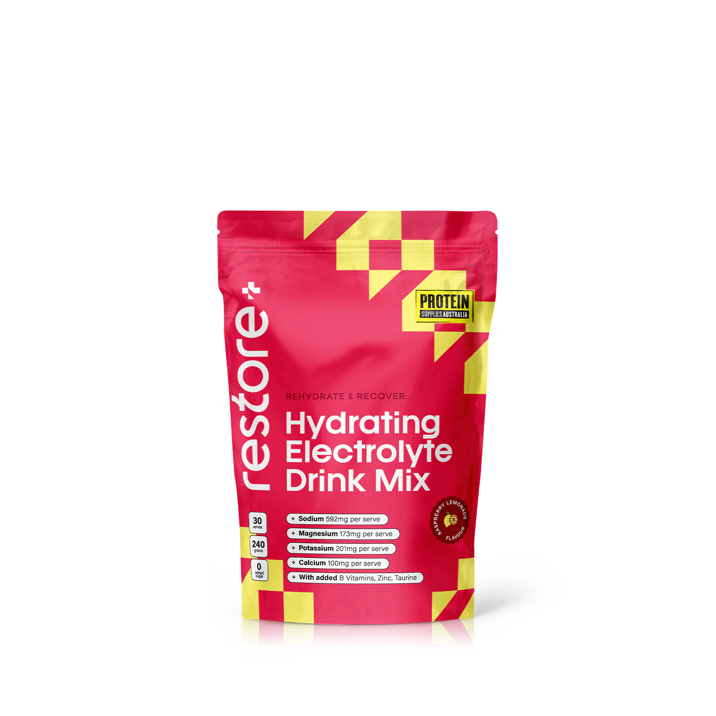 Protein Supplies Australia Restore Hydrating Electrolyte Drink Mix Raspberry Lemonade 240g, Rehydrate & Recover