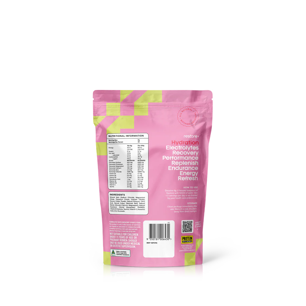 Protein Supplies Australia Restore Hydrating Electrolyte Drink Mix Strawberry & Lime 240g, Rehydrate & Recover