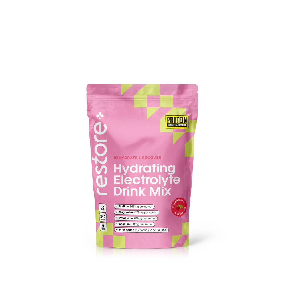 Protein Supplies Australia Restore Hydrating Electrolyte Drink Mix Strawberry & Lime 240g, Rehydrate & Recover