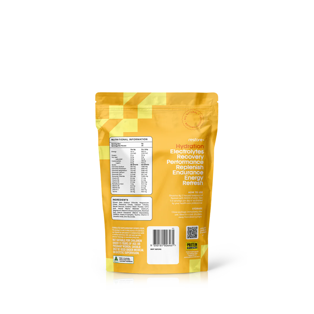 Protein Supplies Australia Restore Hydrating Electrolyte Drink Mix Tropical Twist 240g, Rehydrate & Recover