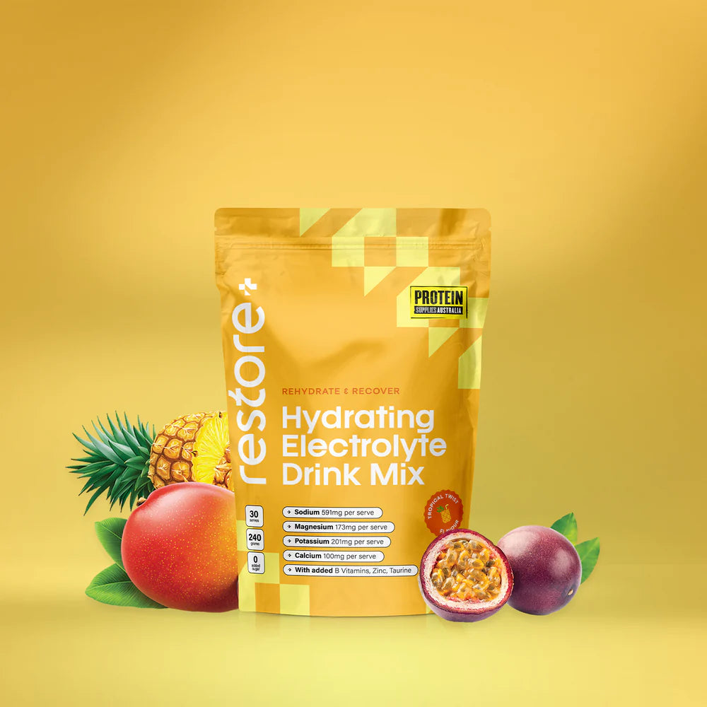 Protein Supplies Australia Restore Hydrating Electrolyte Drink Mix Tropical Twist 240g, Rehydrate & Recover