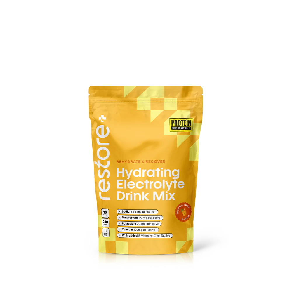 Protein Supplies Australia Restore Hydrating Electrolyte Drink Mix Tropical Twist 240g, Rehydrate & Recover