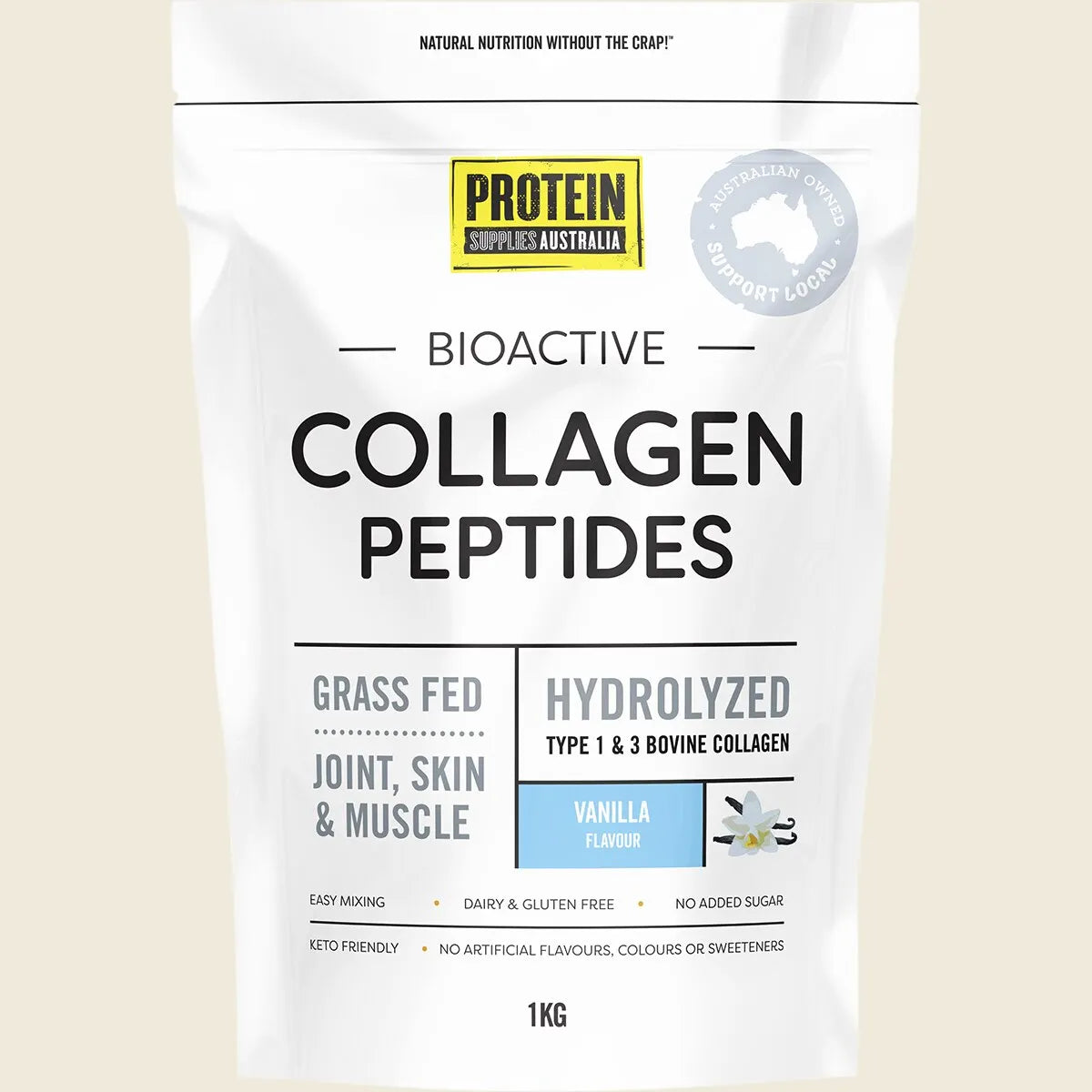 Protein Supplies Australia Grass Fed Collagen Peptides 500g Or 1Kg, Vanilla Flavour