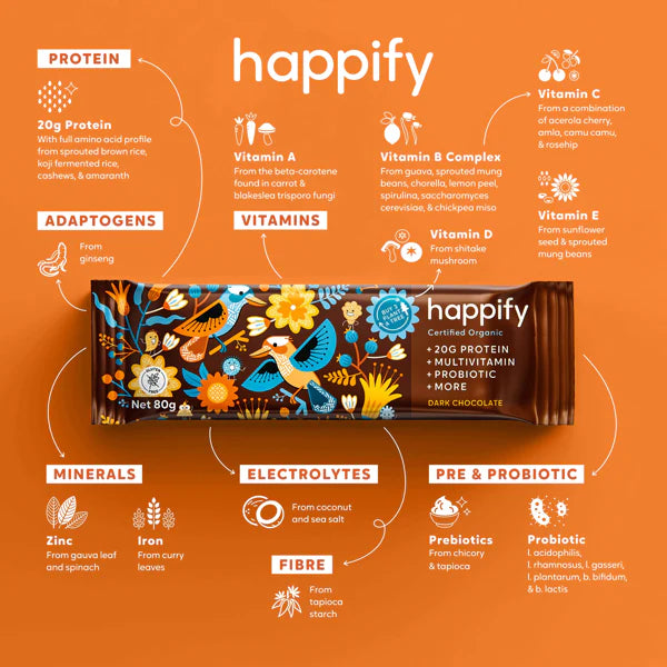 Happify Certified Organic Nutritional Protein Bar 80g, Dark Chocolate Flavour