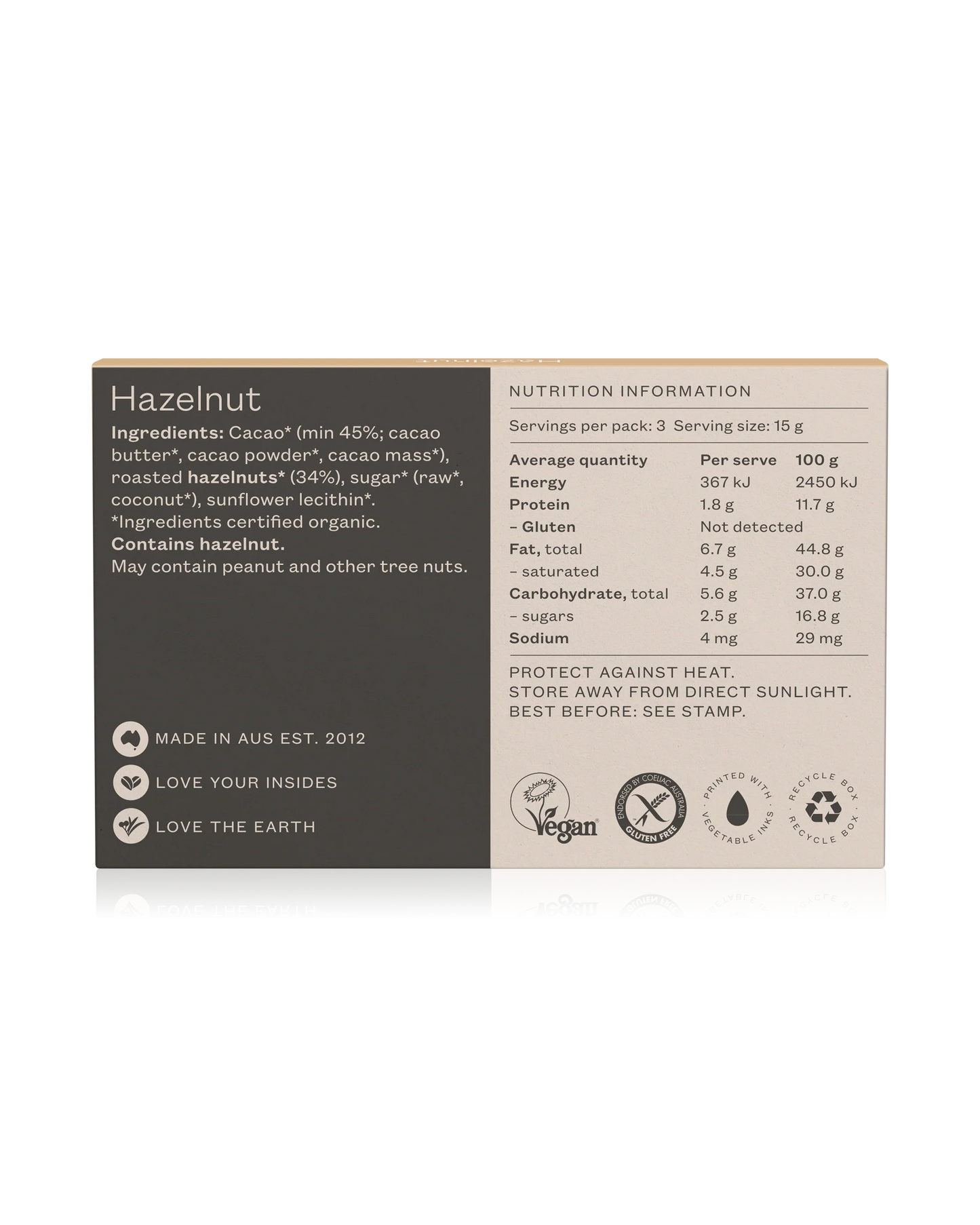 Pana Organic Certified Organic Hazelnut Chocolate 45g, With Roasted Hazelnuts