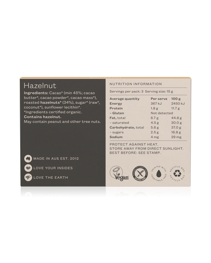 Pana Organic Certified Organic Hazelnut Chocolate 45g, With Roasted Hazelnuts