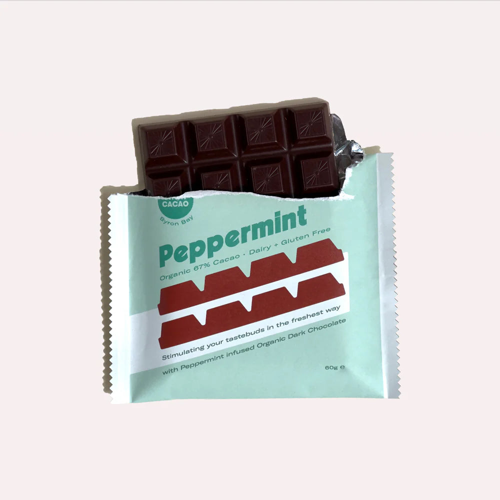 Chow Cacao Peppermint Chocolate Block 60g, With 67% Dark Chocolate