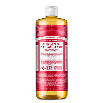 Dr Bronner's Organic 18-in-One Hemp Pure Castile Liquid Soap 59ml, 237ml, 473ml Or 946ml, Rose